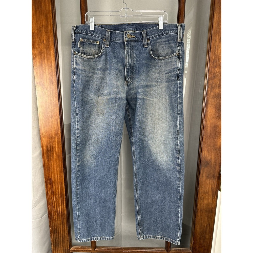 Carhartt Traditional Fit Denim Blue Jeans Mens 38x30 Workwear Distressed *flaw